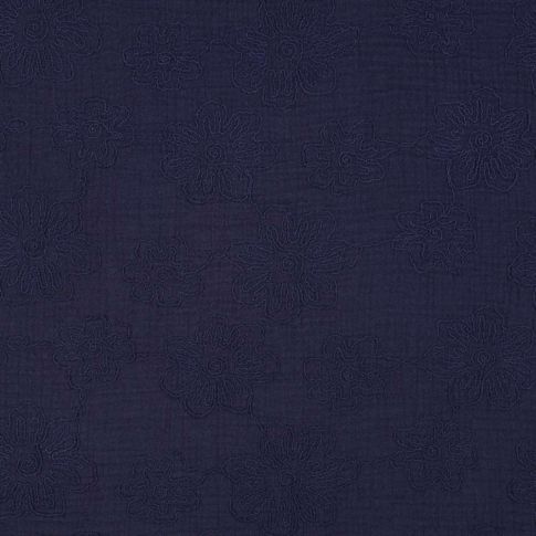 Tissu Double gaze  fleurs brodés Florima sur fond Bleu marine