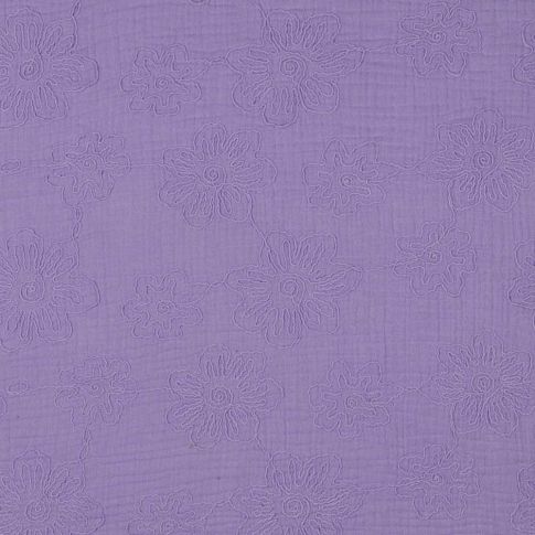Tissu Double gaze  fleurs brodés Florima sur fond Violet