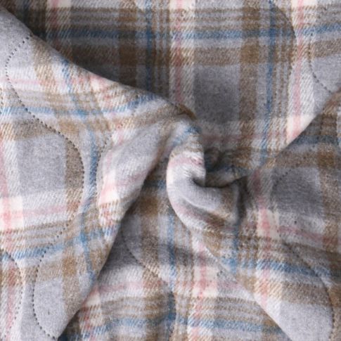 Tissu Matelassé Ciarra tout doux  envers doudoune carreaux Roses et Bleus sur fond Gris