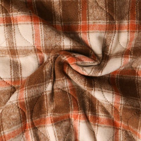 Tissu Matelassé Ciarra tout doux  envers doudoune carreaux Oranges et Bruns sur fond Beige