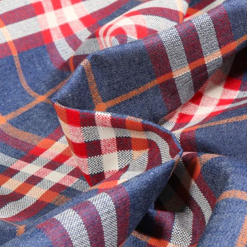 Tissu Chambray Ecossais rouge sur fond Bleu
