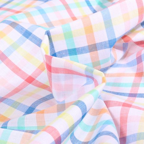 Tissu Popeline de Coton  Carreaux multicolores sur fond Blanc