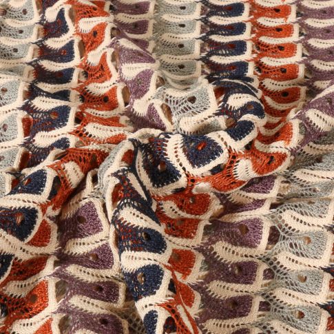 Tissu Crochet ajouré rayé Parme, orange et Bleu marine