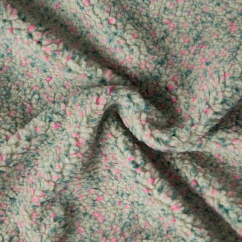 Tissu Fausse fourrure Mouton Toundra moucheté Rose et Vert sur fond Vert d'eau