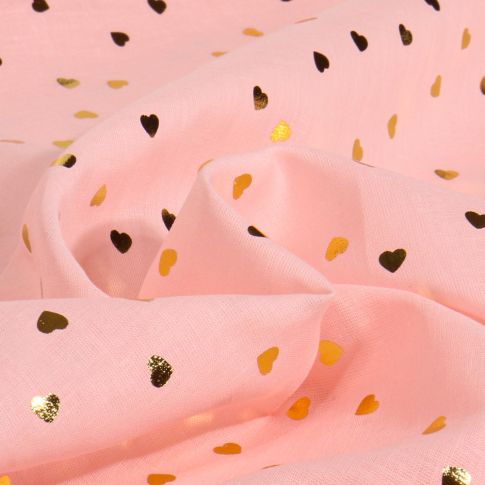 Tissu Voile de Coton Mini coeurs dorés sur fond Rose pâle