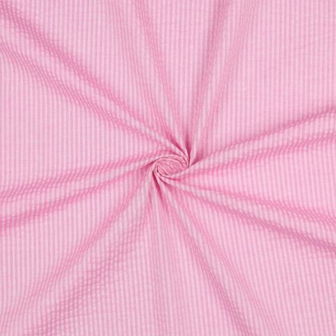 Tissu Seersucker Coton Rayures sur fond Rose