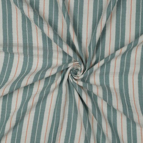 Tissu Double gaze de Coton Rayures Vert sauge sur fond Blanc cassé