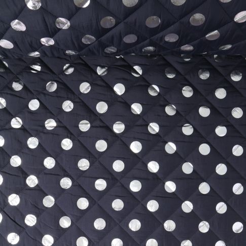 Tissu Doudoune matelassé Nathacha pois Argent sur fond Bleu marine