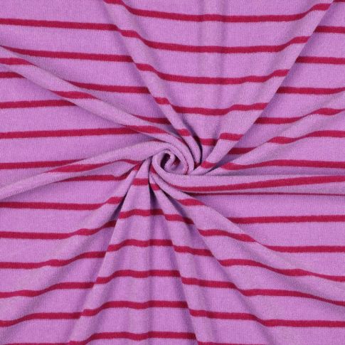 Tissu Jersey Eponge Rayures Framboise sur fond Lilas