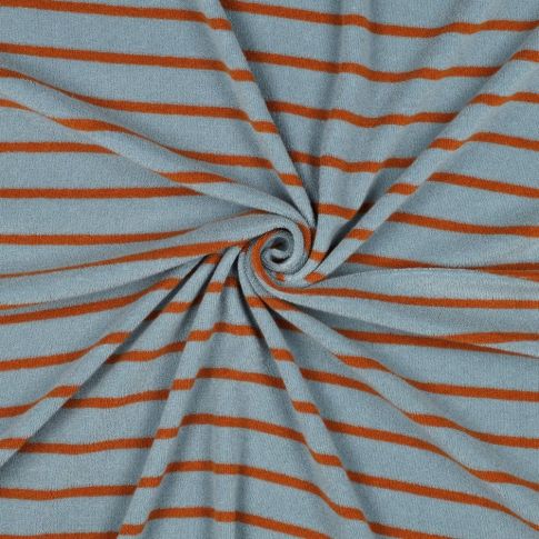 Tissu Jersey Eponge Rayures Rouille sur fond Bleu gris
