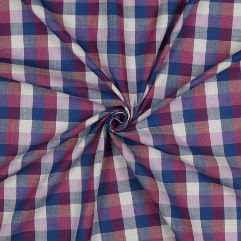 Tissu Coton fil teint carreaux Bleu, Rose Framboise & Lila sur fond Blanc