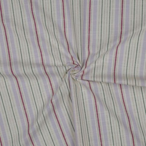Tissu Coton fil teint rayé Lurex Lilas, Framboise & Vert sauge sur fond Ecru