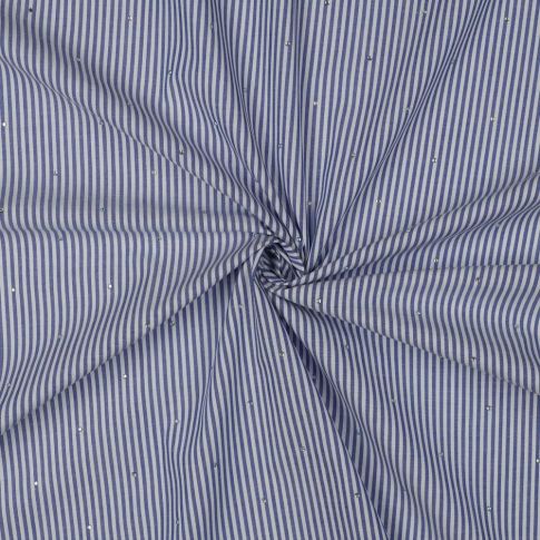 Tissu Coton fil teint rayé Bleu et strass sur fond Blanc cassé