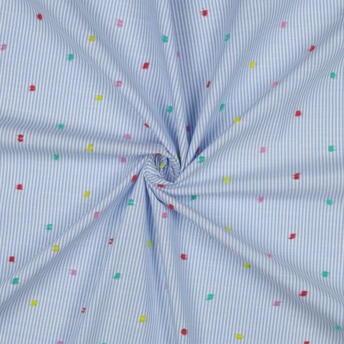 Tissu Coton Plumetis rayures Bleu ciel sur fond Blanc