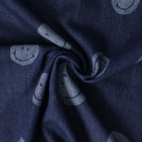 Tissu Jean jacquard Andréa smiley Bleu sur fond Bleu marine