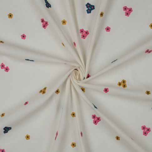 Tissu Voile de Coton brodé Petites fleurs Rose, Bleu et Or sur fond Ecru