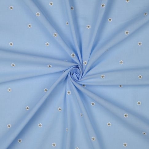 Tissu Coton brodé petites Paquerettes lurex sur fond Bleu ciel