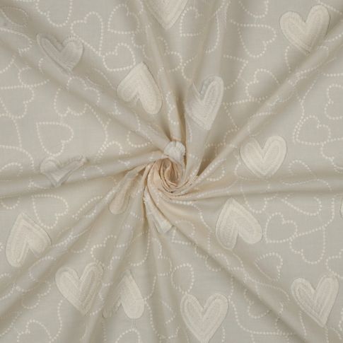 Tissu Coton brodé Coeurs sur fond Ecru