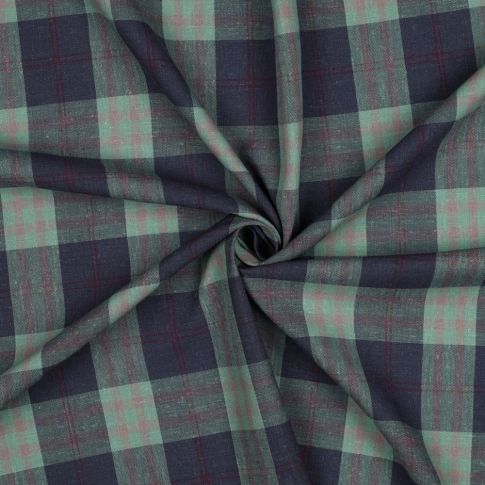Tissu Lin Viscose carreaux Bleu et quadrillage Rouge sur fond Vert clair