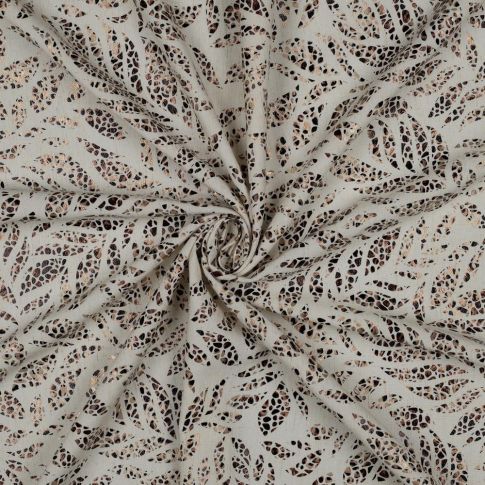 Tissu Lin Viscose feuillage reflets doré sur fond Ecru