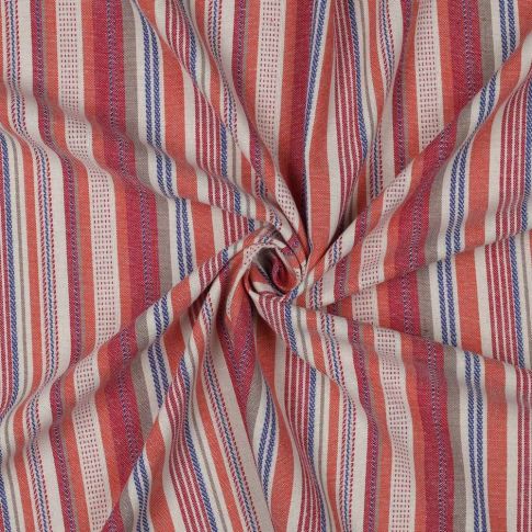 Tissu Lin Viscose fil teint rayures Rouge et Bleu sur fond Ecru