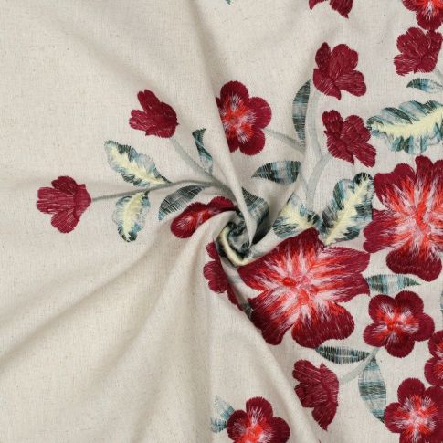 Tissu Lin Viscose broderie fleurs Rouge sur fond Ecru