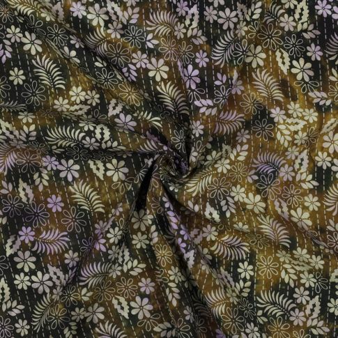 Tissu Batik de Viscose fleurs et feuilles sur fond Brun