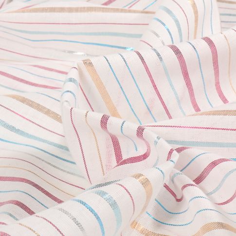 Tissu Voile de Coton Rayures métalissé multico sur fond Blanc