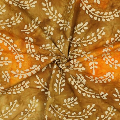 Tissu Batik de Coton fines branches Ecru sur fond Ocre