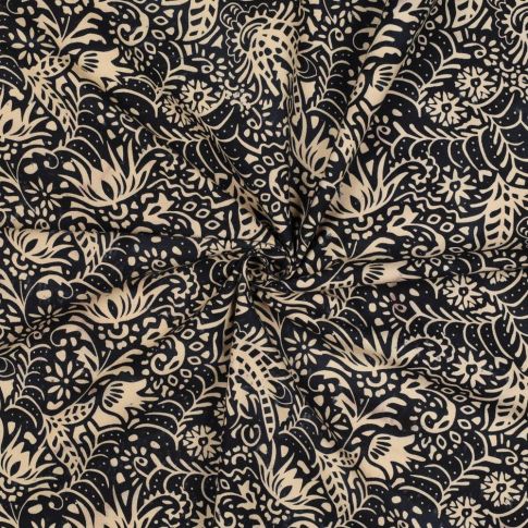 Tissu Batik de Coton fines arabesques écru sur fond Noir profond