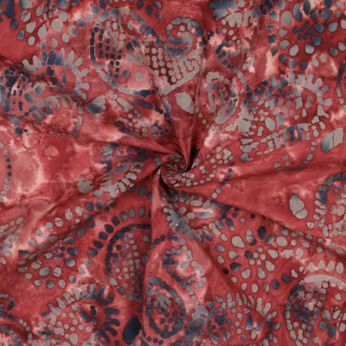 Tissu Batik de Coton rosaces et spirales Gris bleuté sur fond Rouge tomette