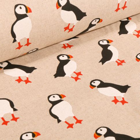 Tissu Toile de Coton Pingouin sur fond Naturel