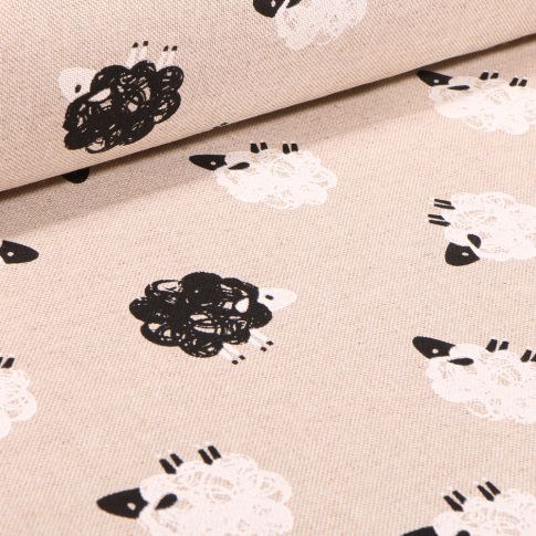 Tissu Toile de Coton Moutons Black & White sur fond Naturel