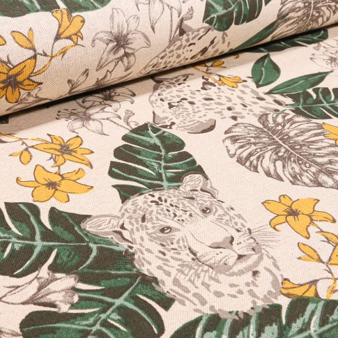 Tissu Toile de Coton Feuilles exotiques et tigres sur fond Naturel