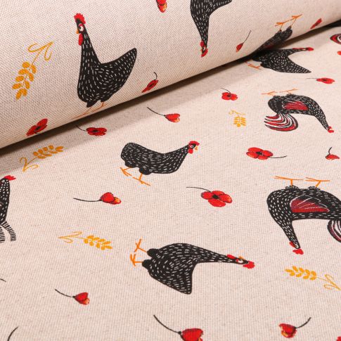 Tissu Toile de Coton Coq et coquelicot sur fond Naturel