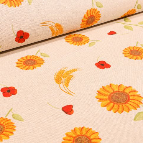 Tissu Toile de Coton Tournesols et blés sur fond Naturel