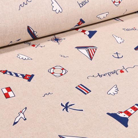 Tissu Toile de Coton Motifs nautiques sur fond Naturel