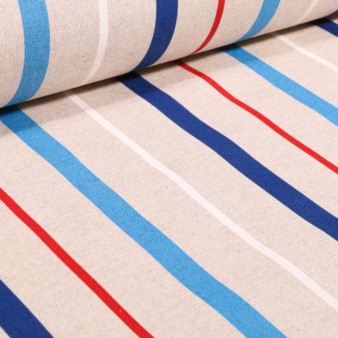 Tissu Toile de Coton Rayures bleu blanc rouge sur fond Naturel