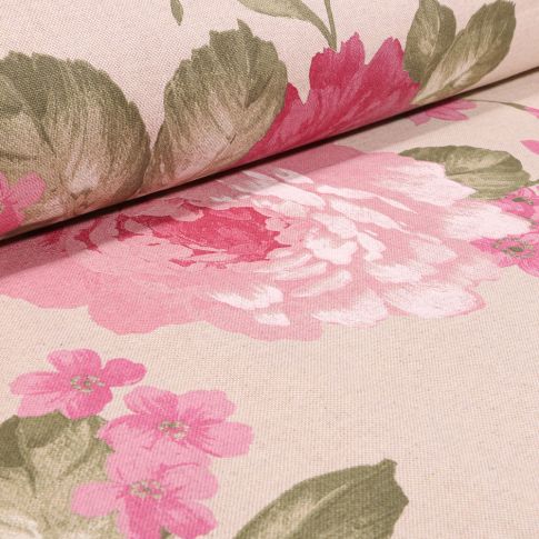 Tissu Toile de Coton Pivoines rose sur fond Naturel