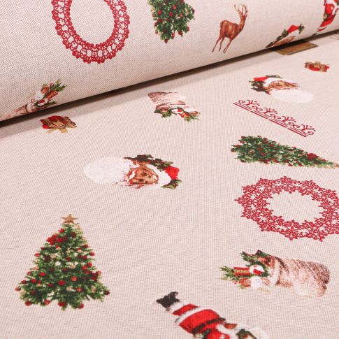 Tissu Toile de Coton Christmas time sur fond Naturel