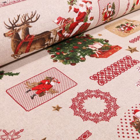 Tissu Toile de Coton Christmas cards sur fond Naturel