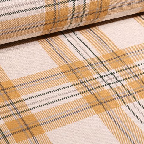 Tissu Toile de Coton Carreaux Ecossais jaune sur fond Naturel
