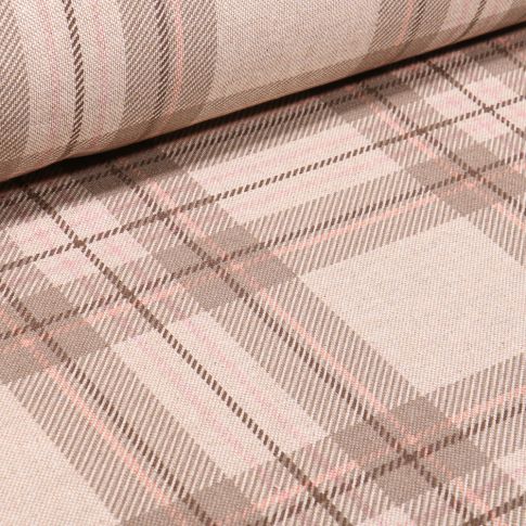 Tissu Toile de Coton Carreaux Ecossais taupe et rose sur fond Naturel