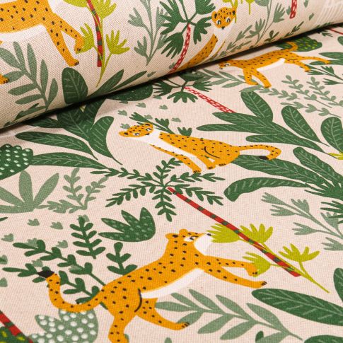 Tissu Toile de Coton Jungle and tiger sur fond Naturel