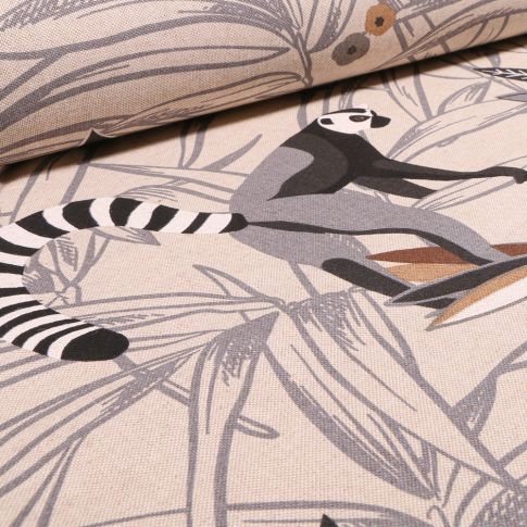 Tissu Toile de Coton Lémuriens et feuilles sur fond Naturel