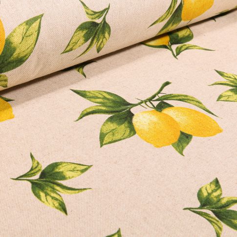 Tissu Toile de Coton Citrons sur fond Naturel