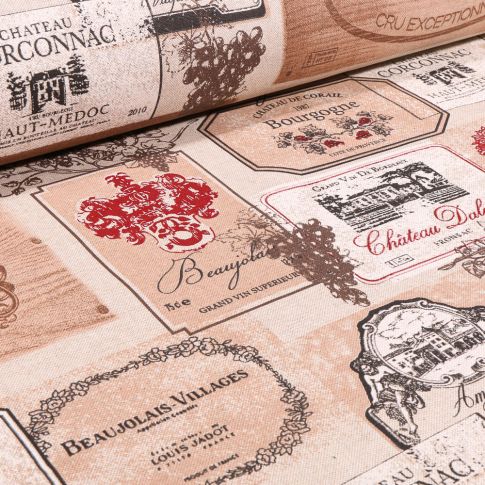 Tissu Toile de Coton Etiquettes vignobles sur fond Naturel