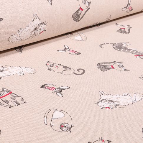 Tissu Toile de Coton Chats et souris sur fond Naturel