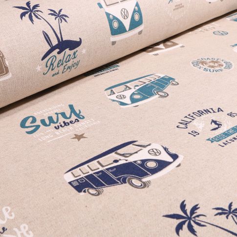 Tissu Toile de Coton Combi Volkswagen Surf Vibes sur fond Naturel
