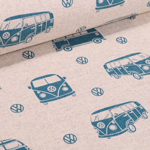 Tissu Toile de Coton Combi Volkswagen bleu sur fond Naturel